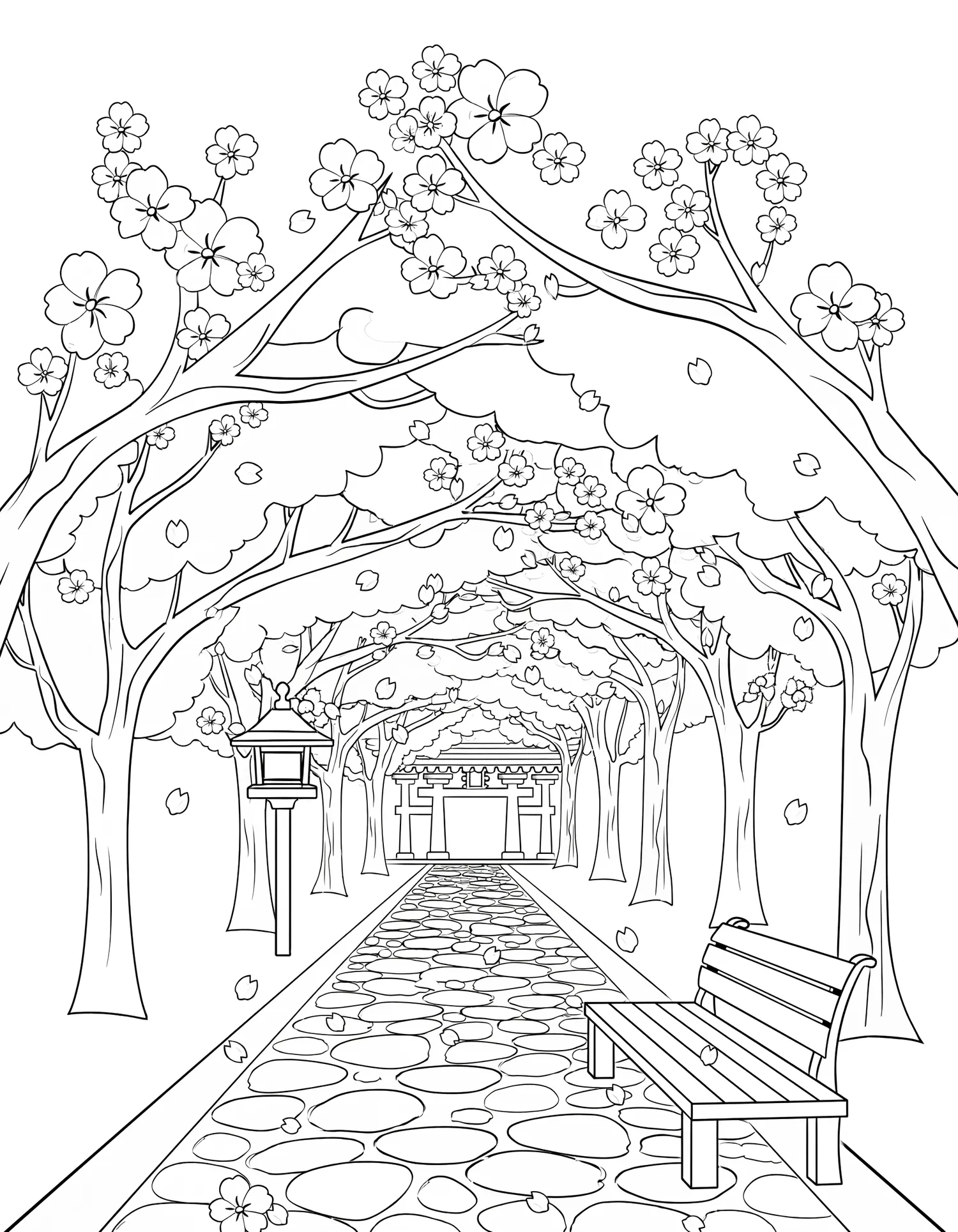 Allée de Cerisiers en Fleurs — Coloriage paysage à imprimer gratuitement